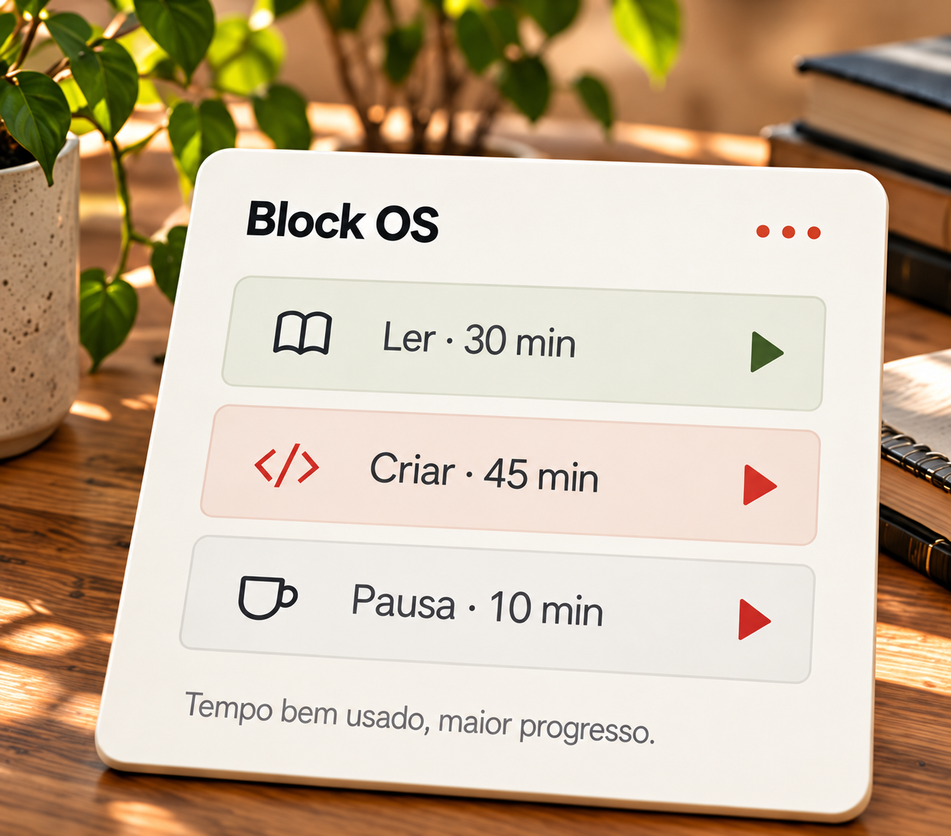 Interface conceitual do Block OS com blocos de leitura, criação e pausa por duração.