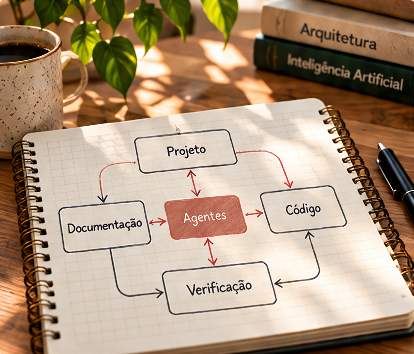 Ilustração de um caderno conectando projeto, documentação, agentes, código e verificação.